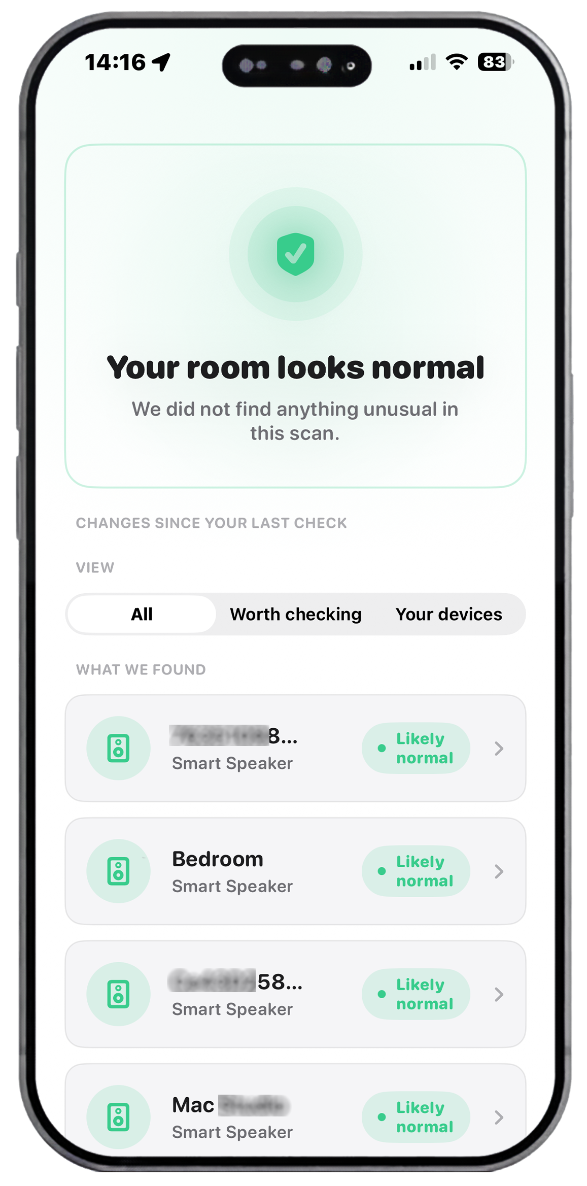 SafeRoom travel privacy app showing clean scan results