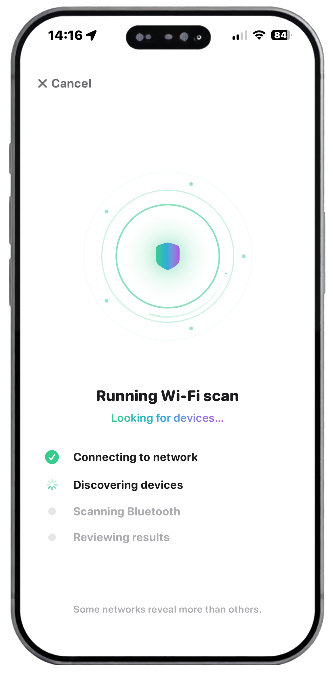SafeRoom Wi-Fi scan running in a hotel room